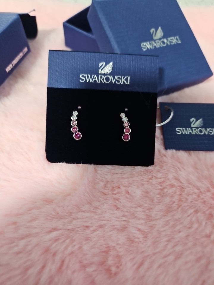 SWAROVSKI Swan Signed Clear And Pink Crystal Earrings New