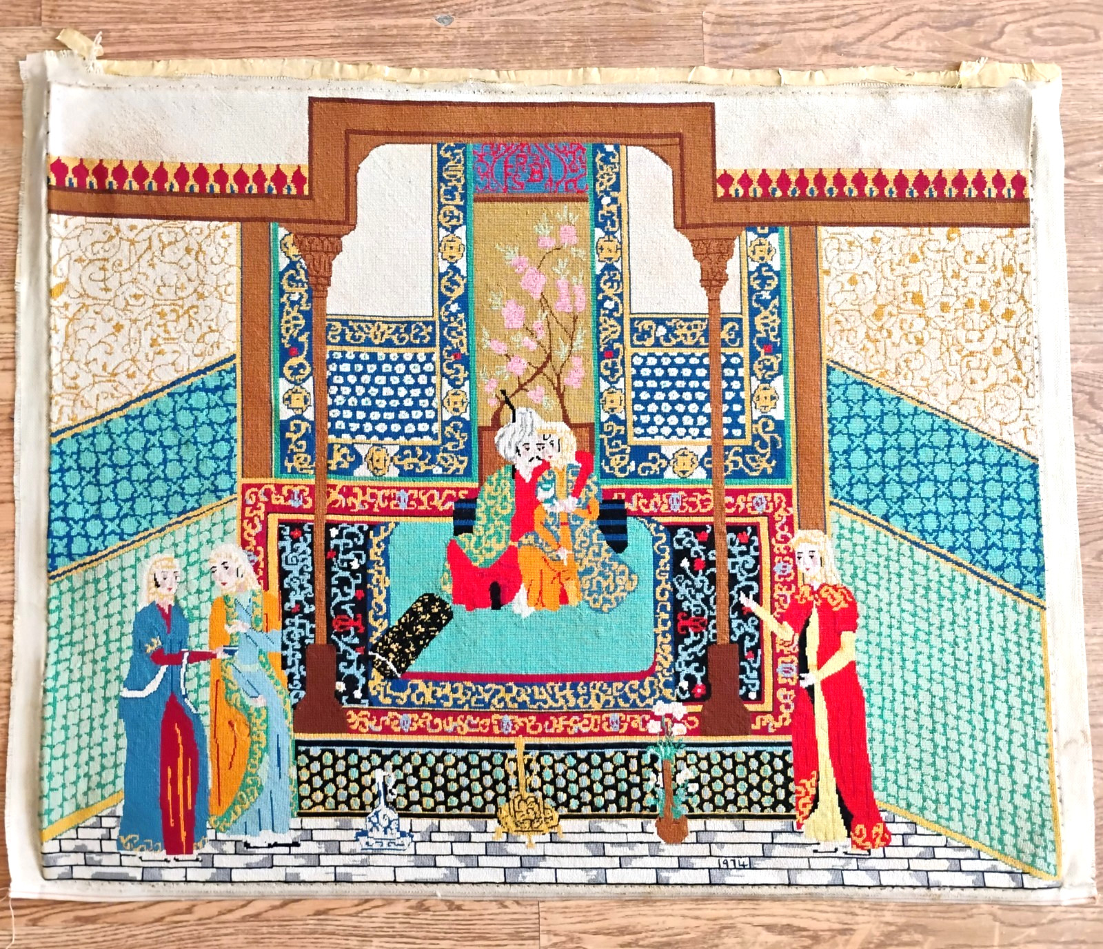 RARE LG Needlepoint Khamsa of Nizami Persian inspired Tapestry 39.5 x 31.5" 1974