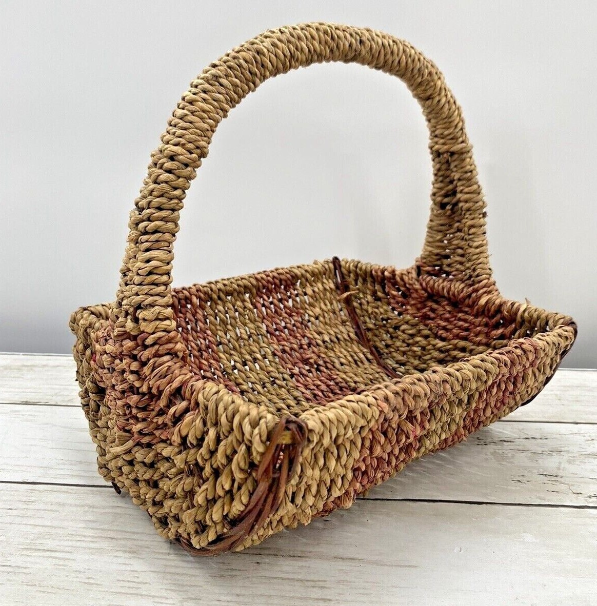 Vintage Natural & Red Bamboo Wicker Rattan Decorative Storage Basket W/Handle 