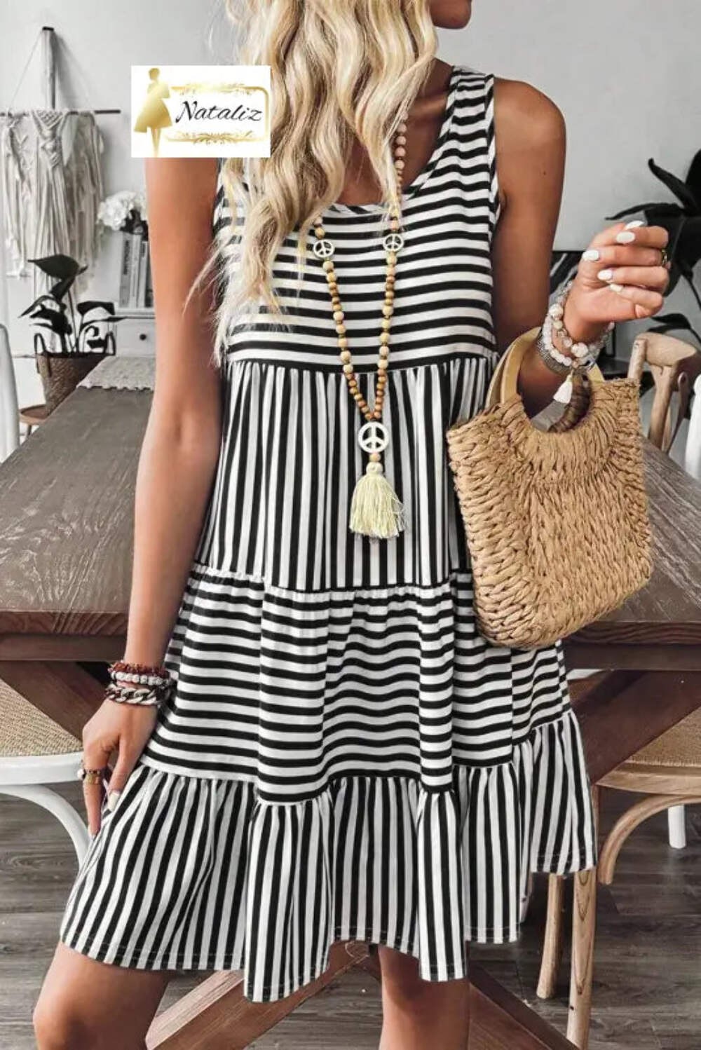 Cotton Black Stripe U Neck Sleeveless Loose Fit Mini Dress