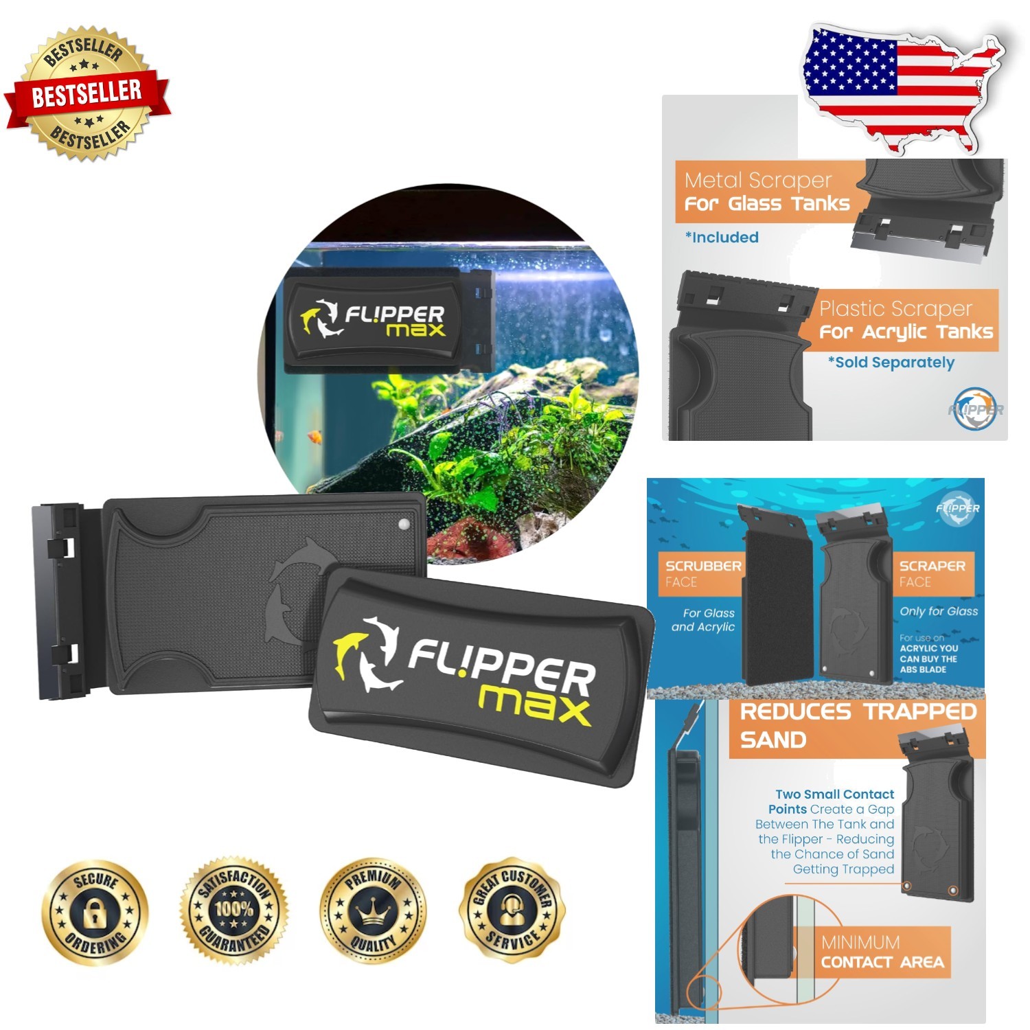 FLIPPER Max Aquarium Glass Cleaner - Magnetic 2-in-1 Scrubber/Scraper, Safe 3/4"