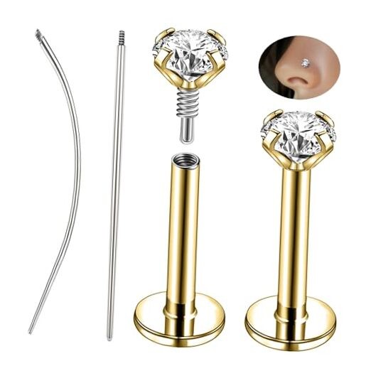  1 Pair Internal Thread Labret Lip Stud, 316L Stainless 18g,L:8mm,CZ:2.5mm Gold