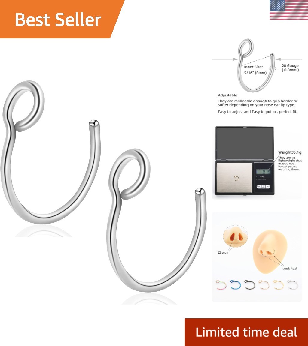 Fake Nose Ring Hoop Clip On, Non Piercing Lip Rings 20G 8mm,Gold Black Rose G...