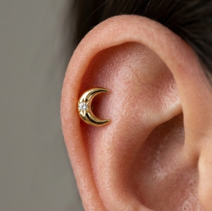 10K Gold Crescent Moon Tragus Stud | Tiny Diamond Cartilage Ear Piercing