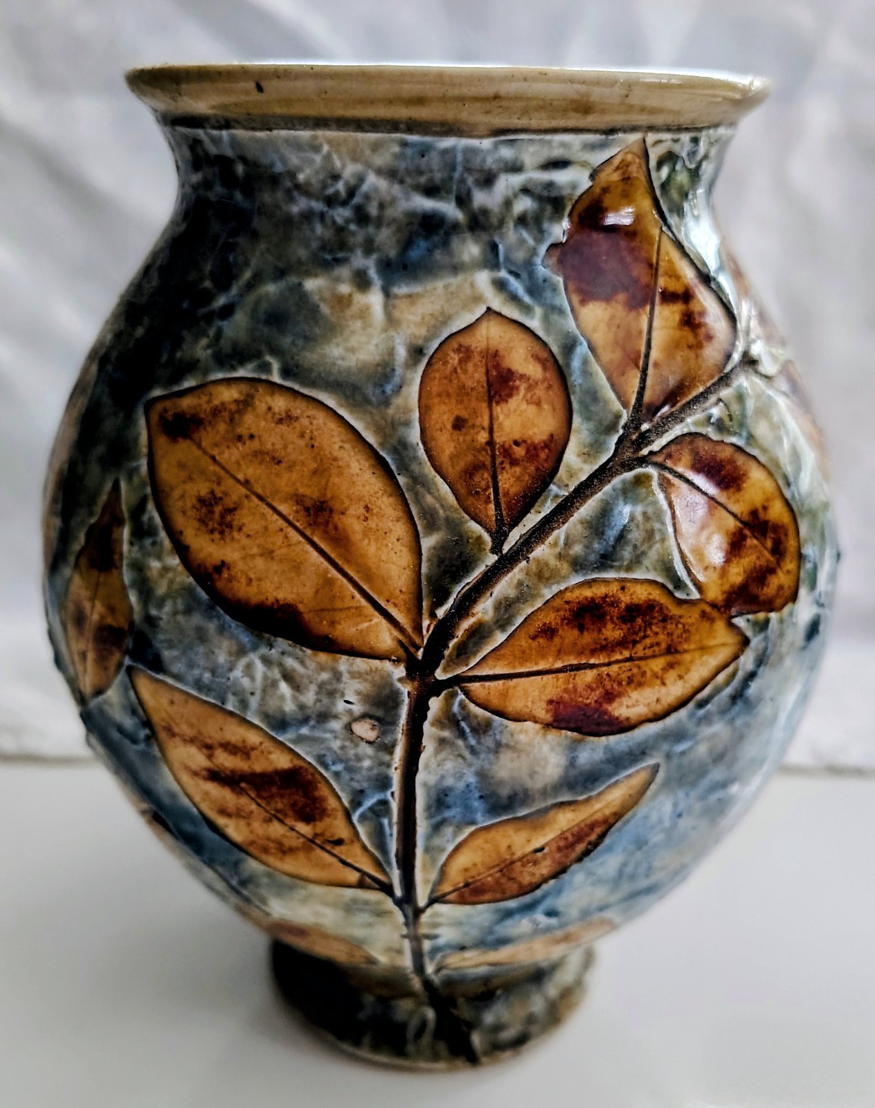 Antique Monmouth Ill Art Pottery Vase 6.25" Leaf Relief Blue Green Glaze