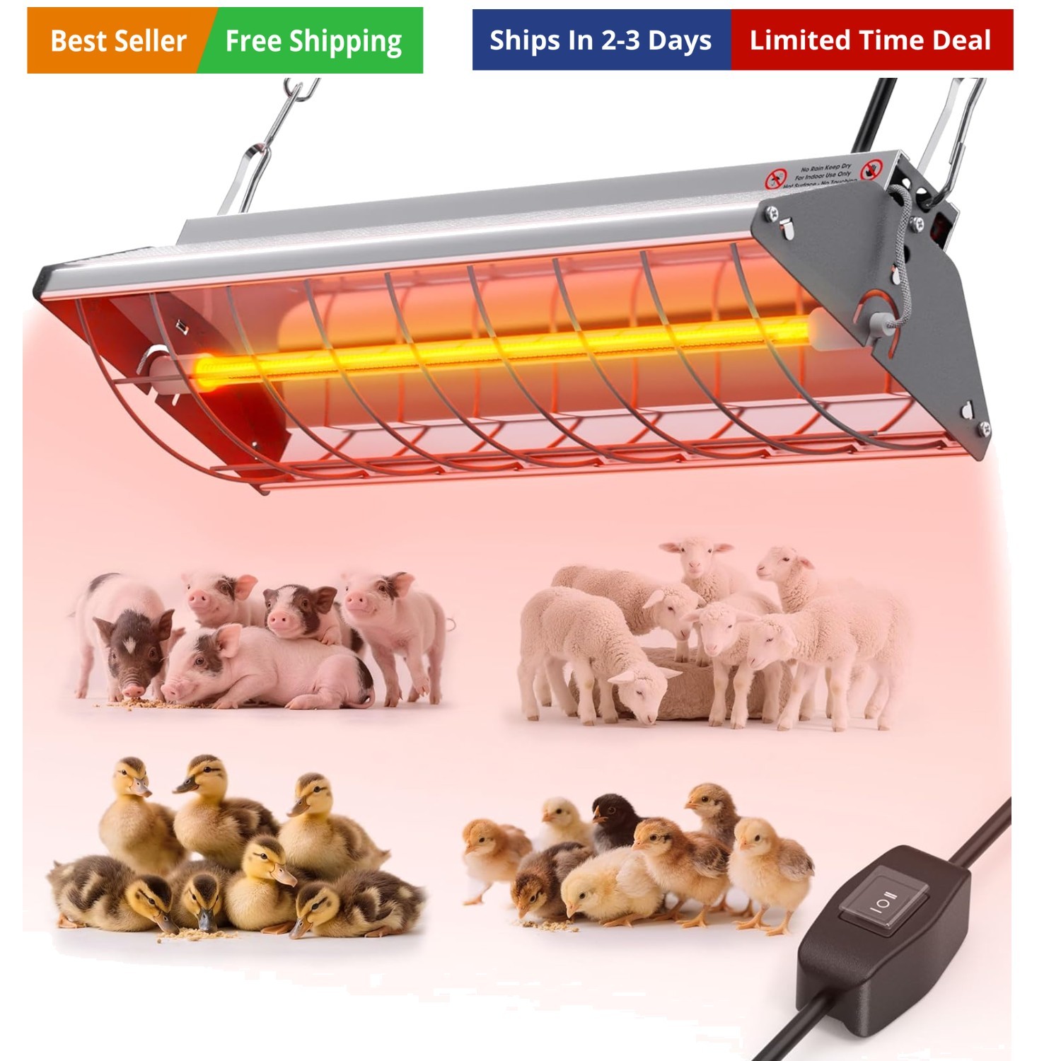 Chicken Coop Heater, Large Infrared Heat Lamp for Poultry, Livestock & Pets, ...