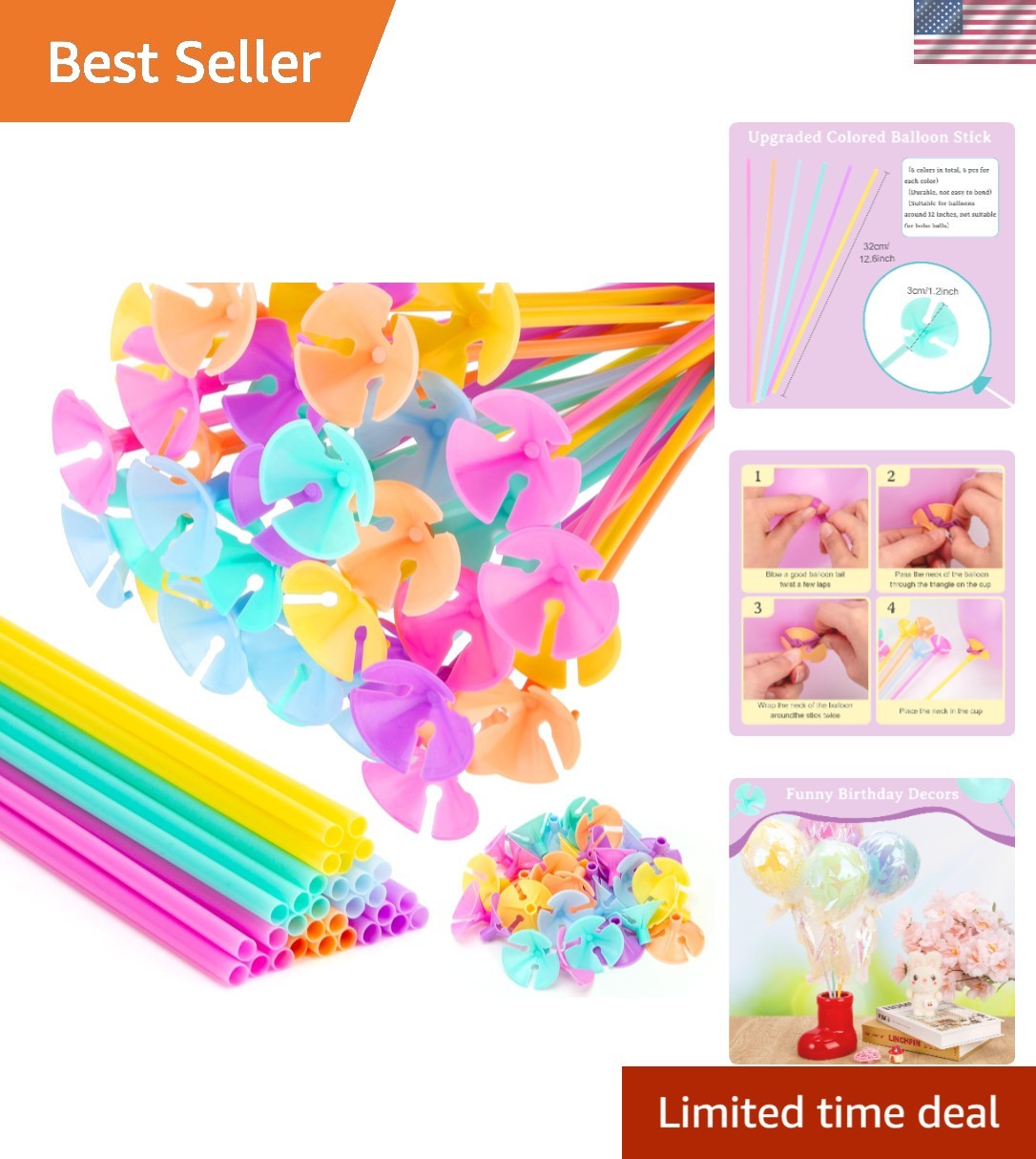 Versatile 36 PCS Balloon Sticks with Cups - Ideal for Weddings and Birthdays