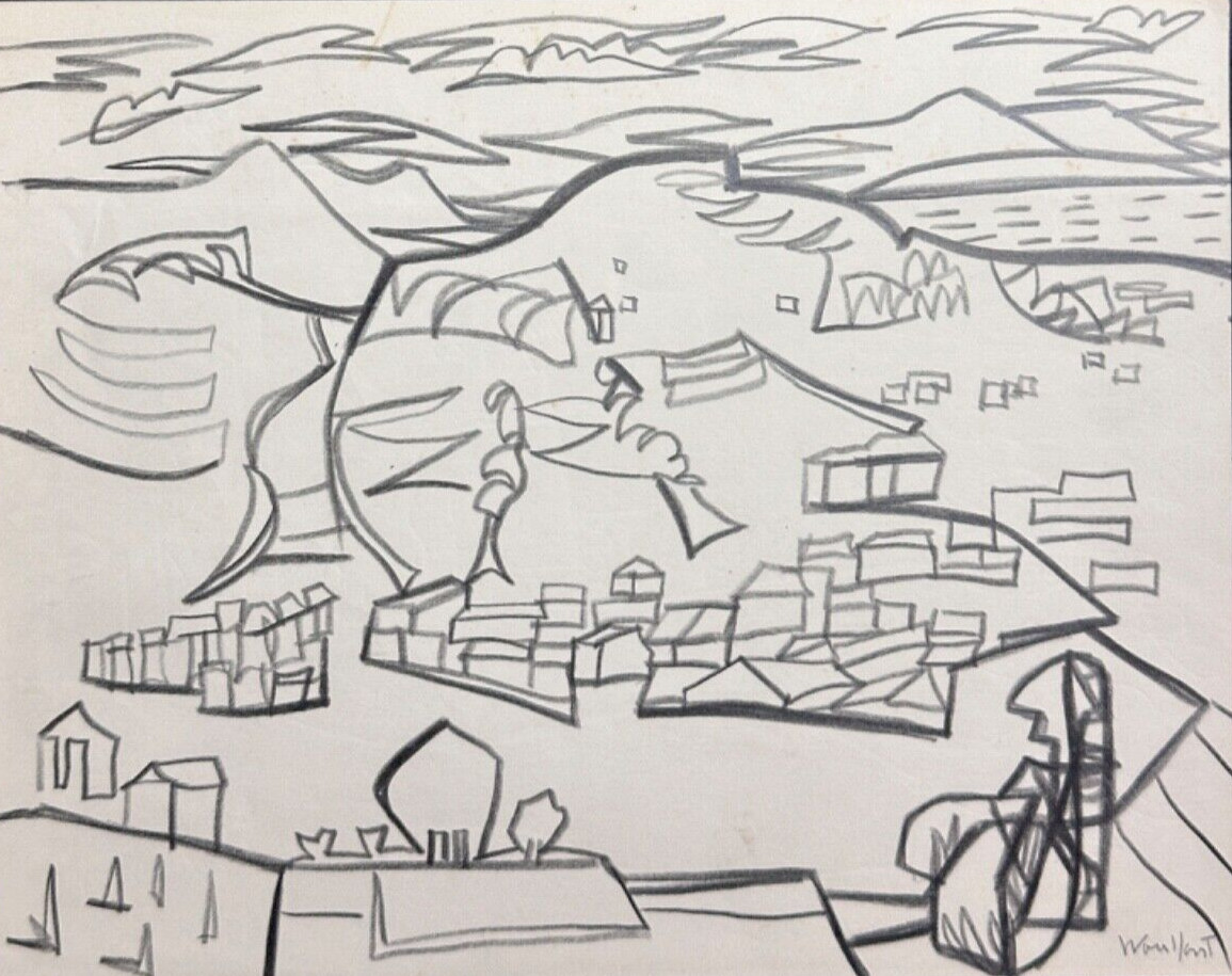 Très beau dessin moderne vue de ville animée Marius Woulfart Judaica Israel