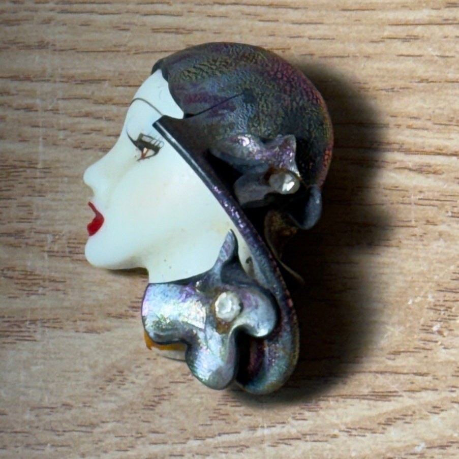  Vintage Janetta Brooch Fashion Lady Head In A Hat Acrylic Enamel Rhinestones