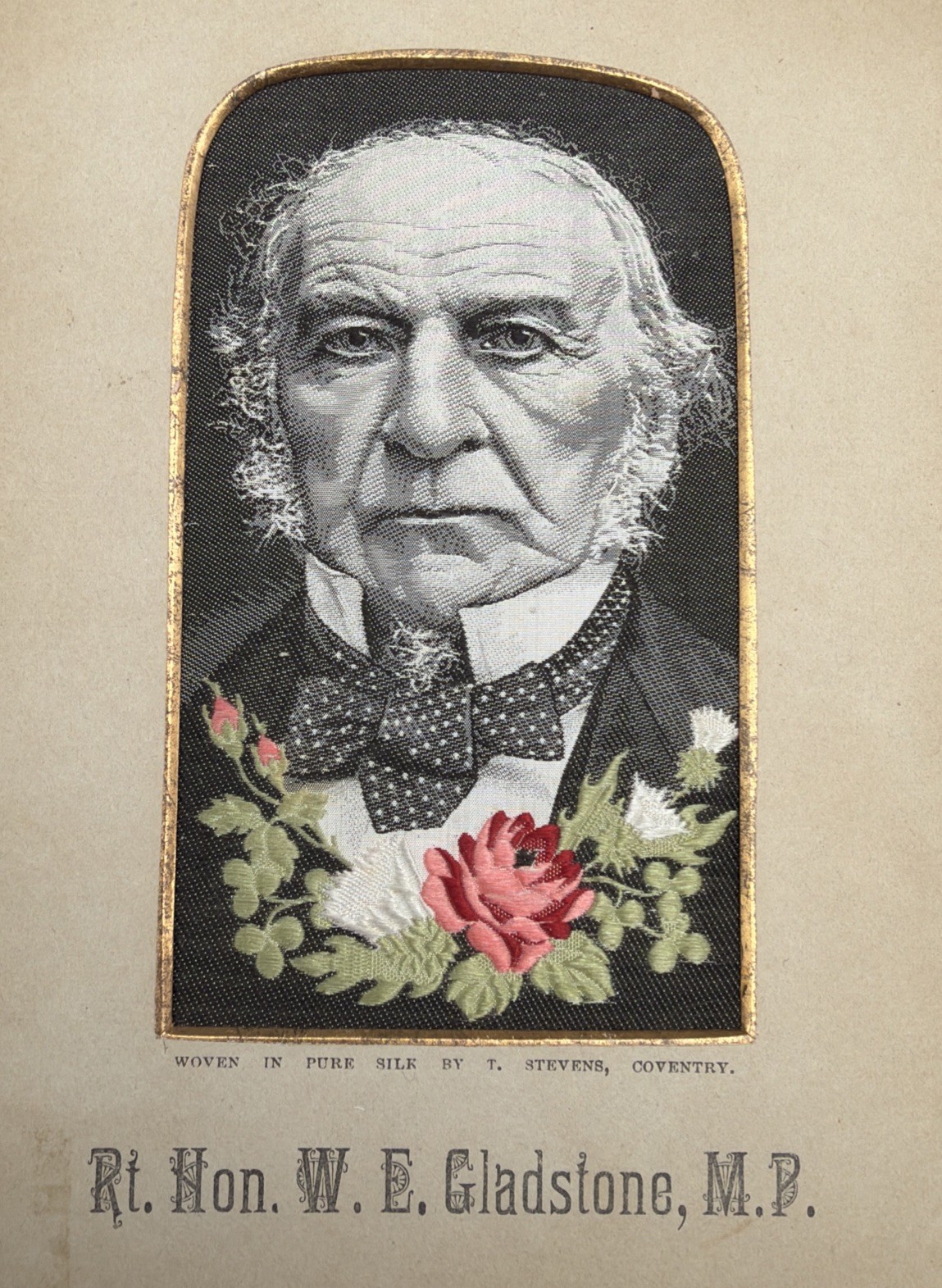 Antique Victorian Silk Stevengraph • W.E. Gladstone MP • Color Thistles & Roses