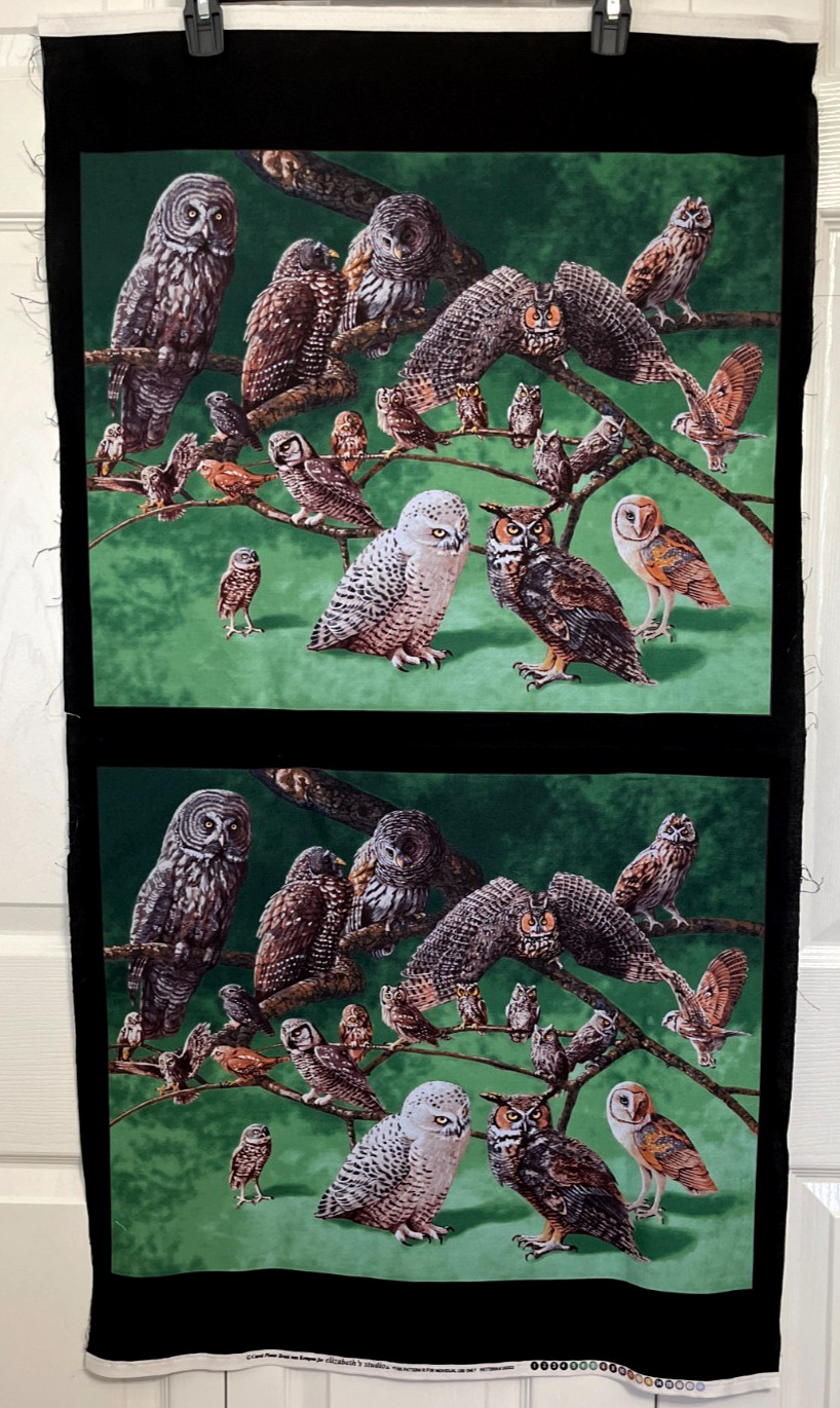 Elizabeth's studio North American Owls Panel of 2 - 22 x 17 plus edging Cotton
