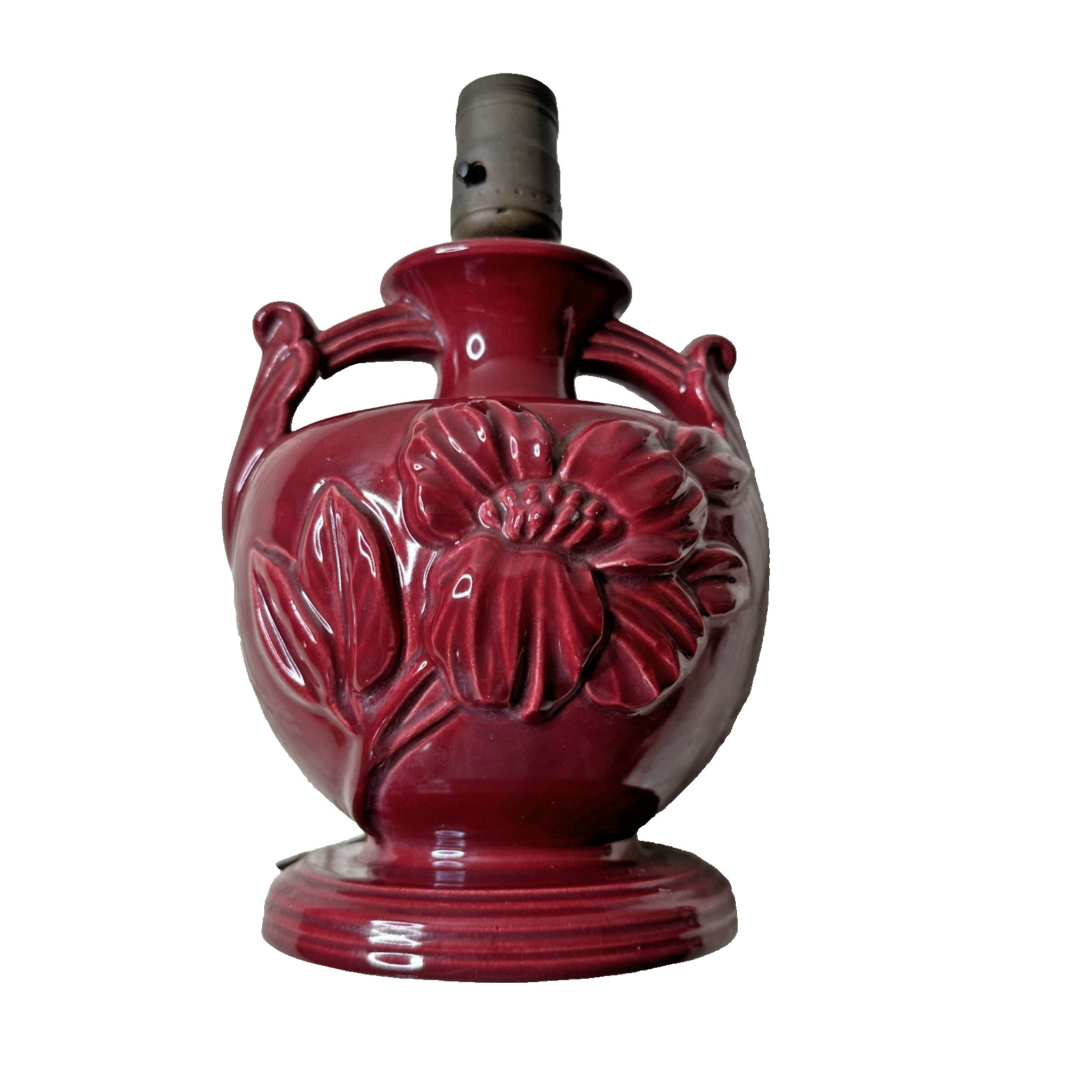 Vintage MCM Burgundy Glazed Ceramic Lamp Base Floral 1950s