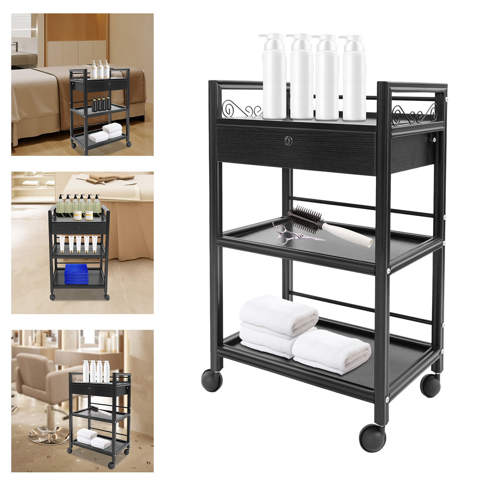 3-tier Salon Cart w/ Drawer Salon Storage Cart Rolling Tray SPA Beauty Equipment