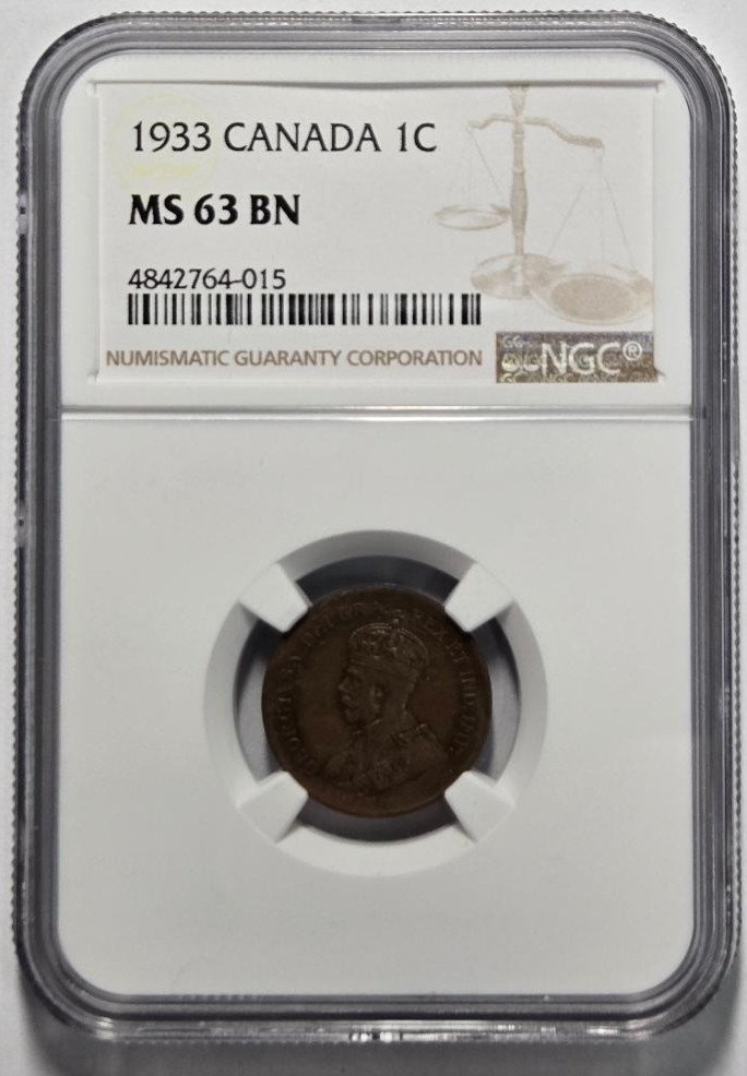 1933 CANADA 1 CENT NGC MS 63 BN Certified Coin