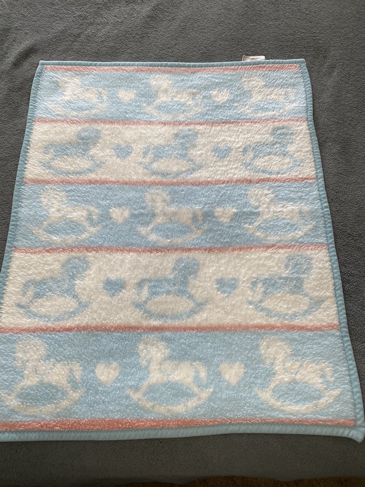 VTG Biederlack of America Baby Blanket Blue~White Rocking Horse 27”x35” W/Tags
