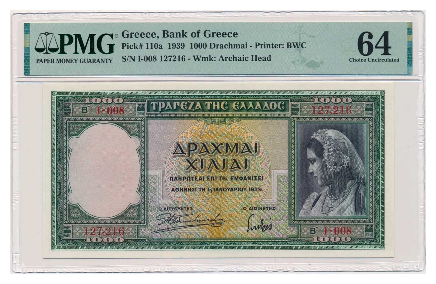 GREECE banknote 1000 Drachmai 1939 PMG MS 64 Choice Uncirculated