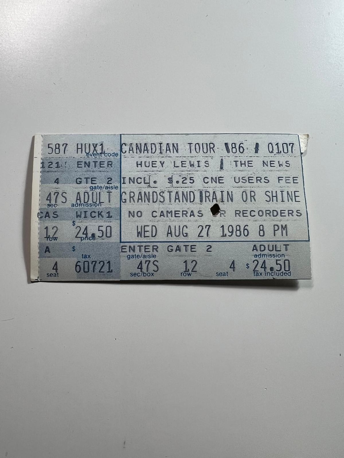 Huey Lewis & The News Ticket Stub – Canadian Tour 1986 – Grandstand – CNE