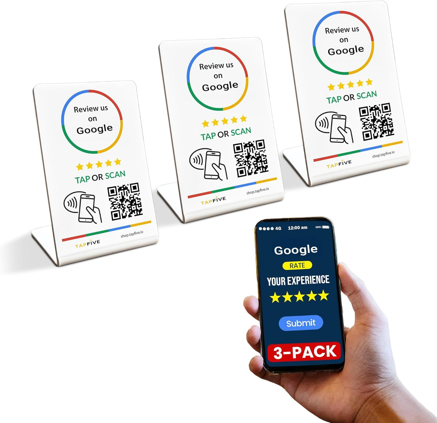 Google Review Stand (3-Pack) - Tap for Instant Reviews - Reusable Smart Tap NFC