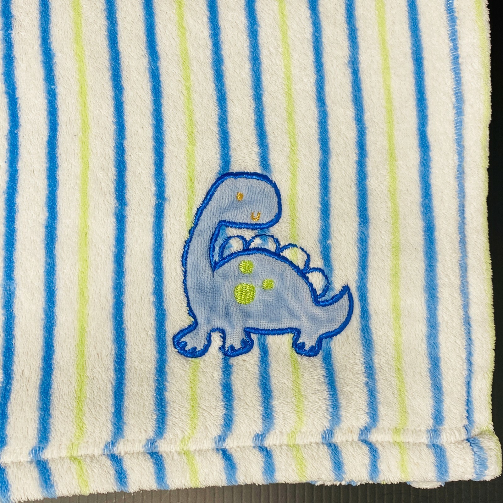 Cutie Pie Baby Blanket White with Blue Green Stripes Embroidered Dinosaur Fleece