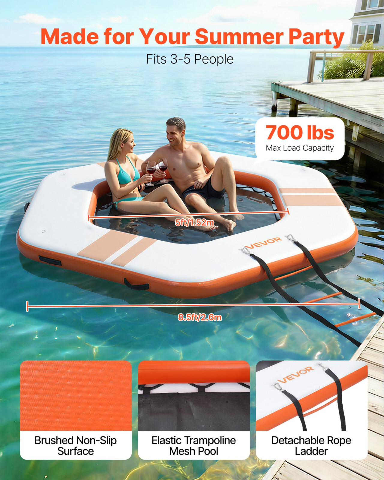 8.5x8.5FT Inflatable Floating Dock Platform w/ Ladder Non-Slip Orange