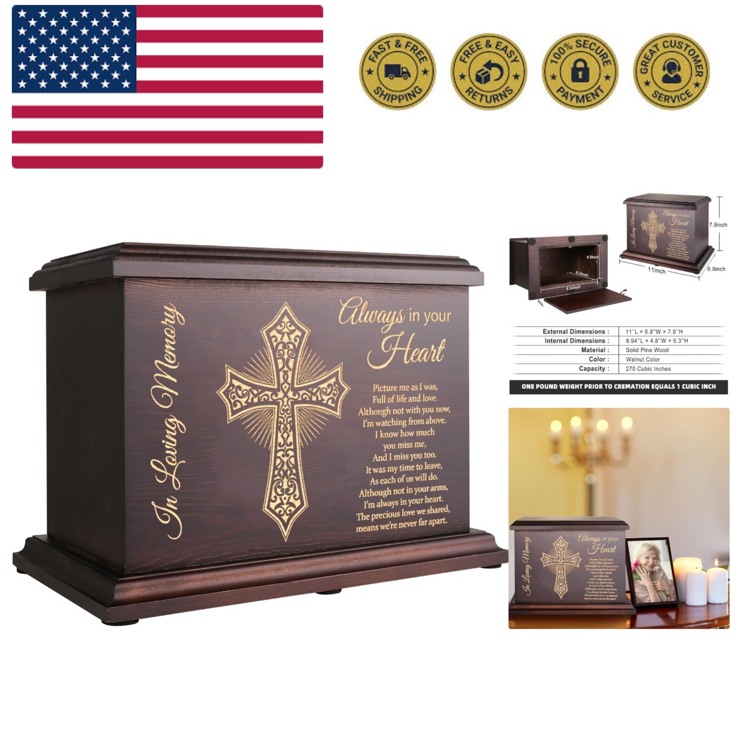 Cremation Memorial Urns for Human Ashes Adult Male Female, Wooden Urns Box an...