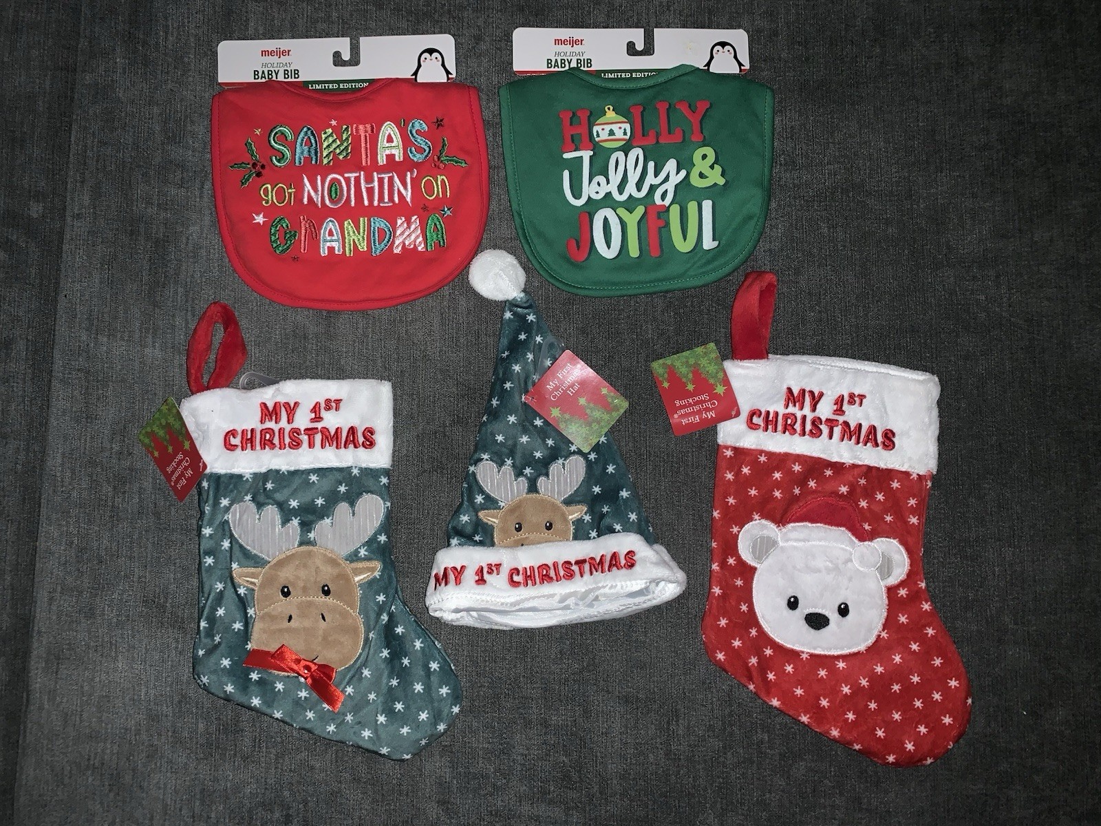Limited Edition Matching Holiday Baby Bib, My 1st Christmas Stockings & Hat