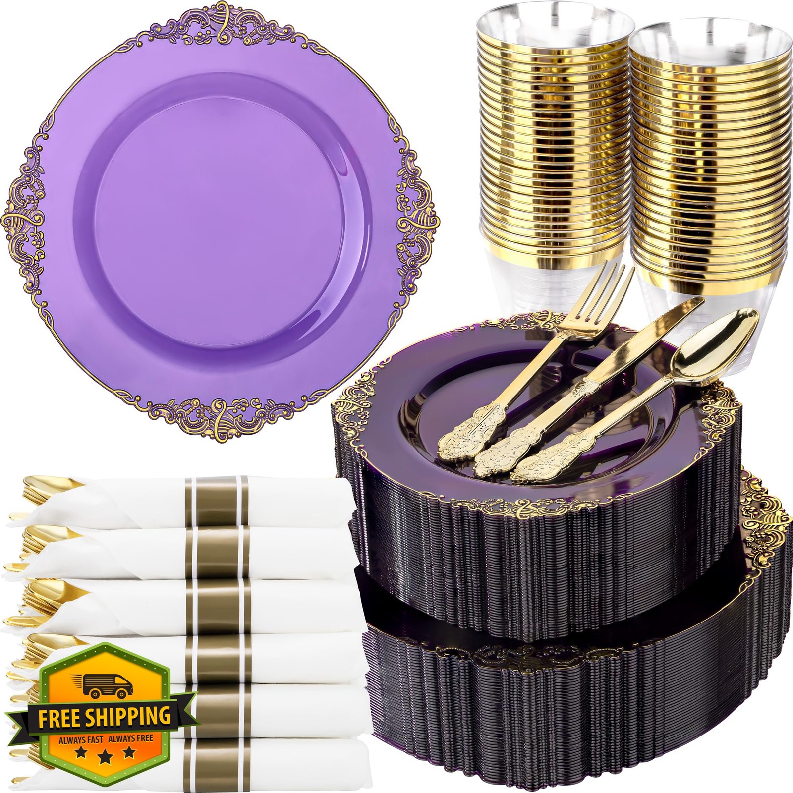 Nervure Purple Gold Plastic Plates 350PCS Disposable Party Set 50 Guests