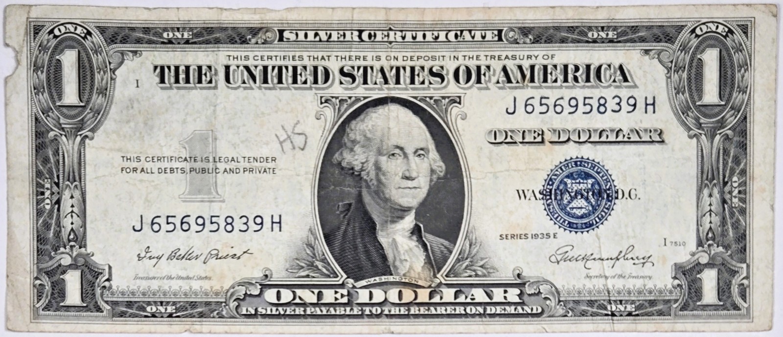 1935-E $1 Dollar Silver Certificate - CIRCULATED - Fr. 1614 - FREE SHIPPING!