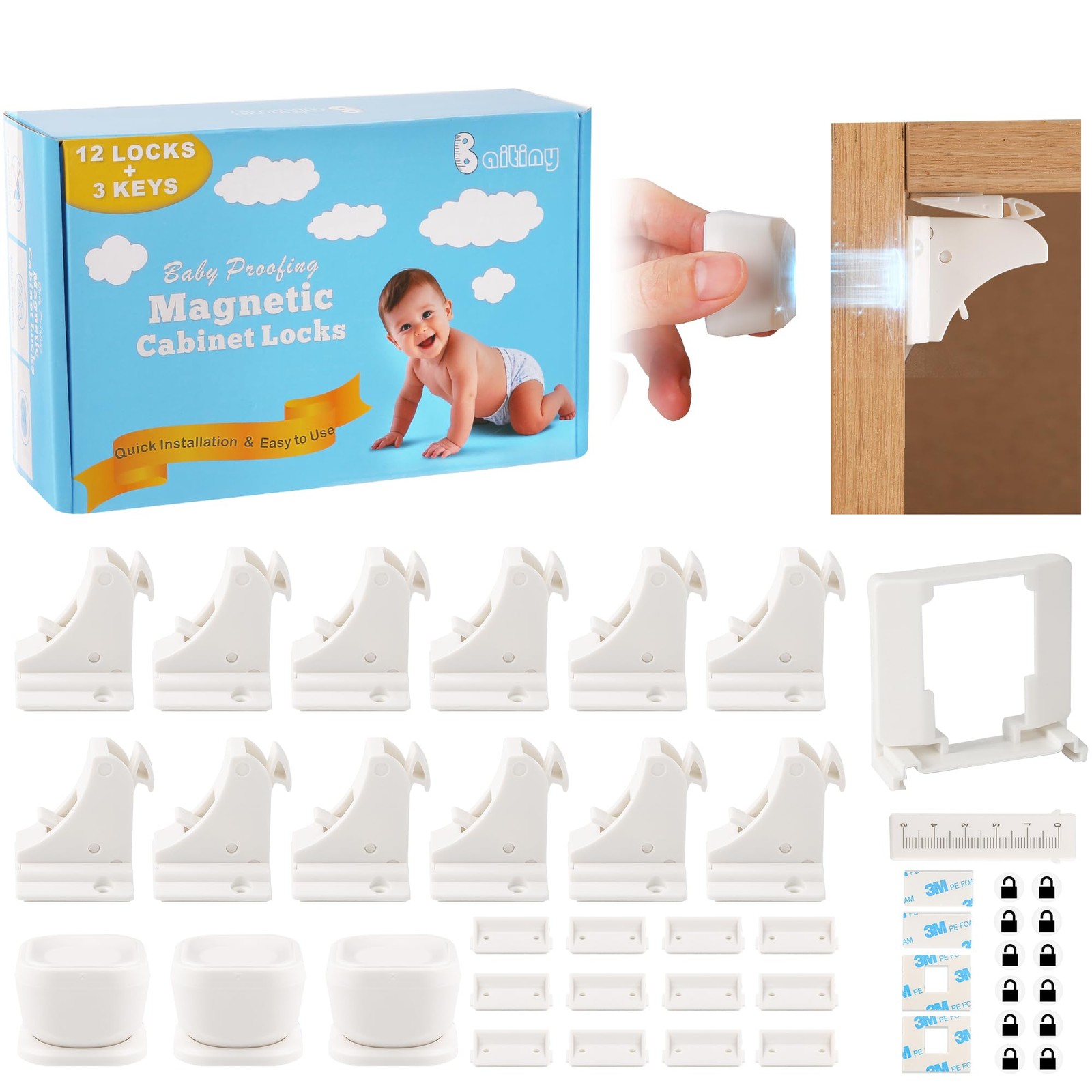 12 Pack Magnetic Cabinet Locks Baby Proofing - Child Proof Cupboard Drawers L...