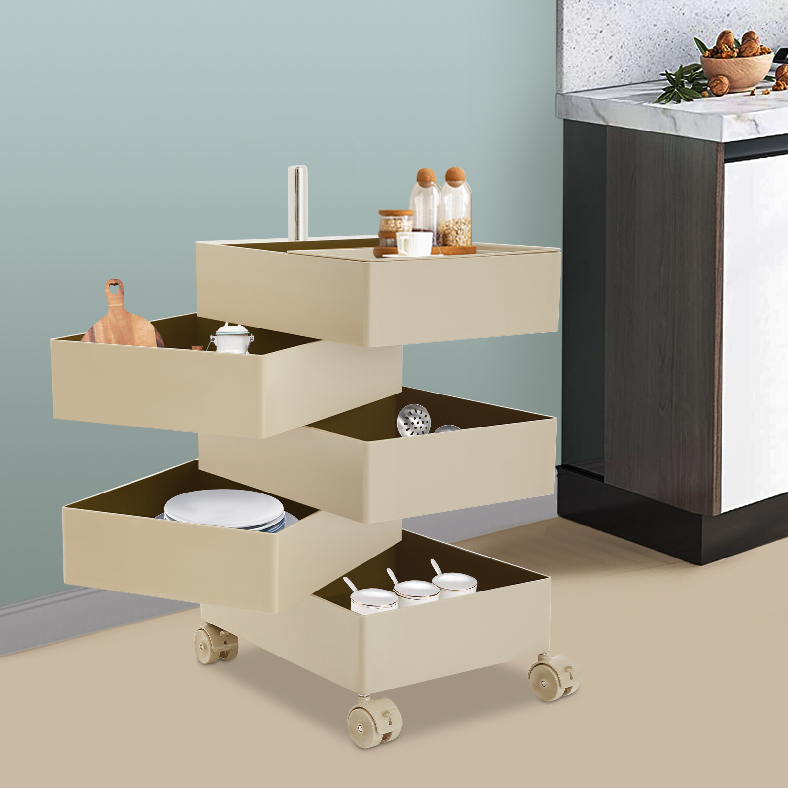 360° Rotating Sofa Side Cabinet, Storage Cabinet Bedside Table, Rotating Storage