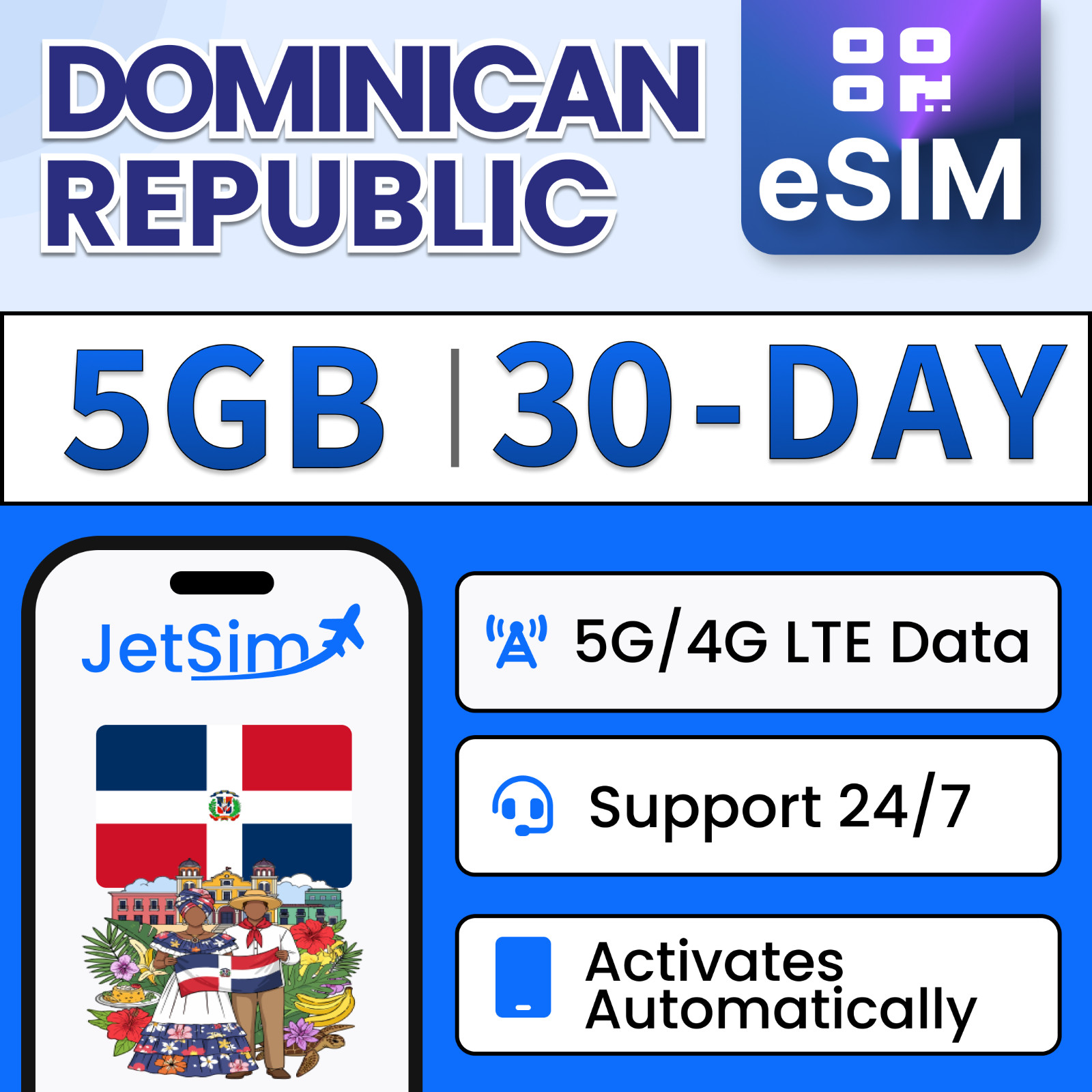 JetSim Dominican Republic 30-DAY | 5GB Travel eSIM High-Speed Data