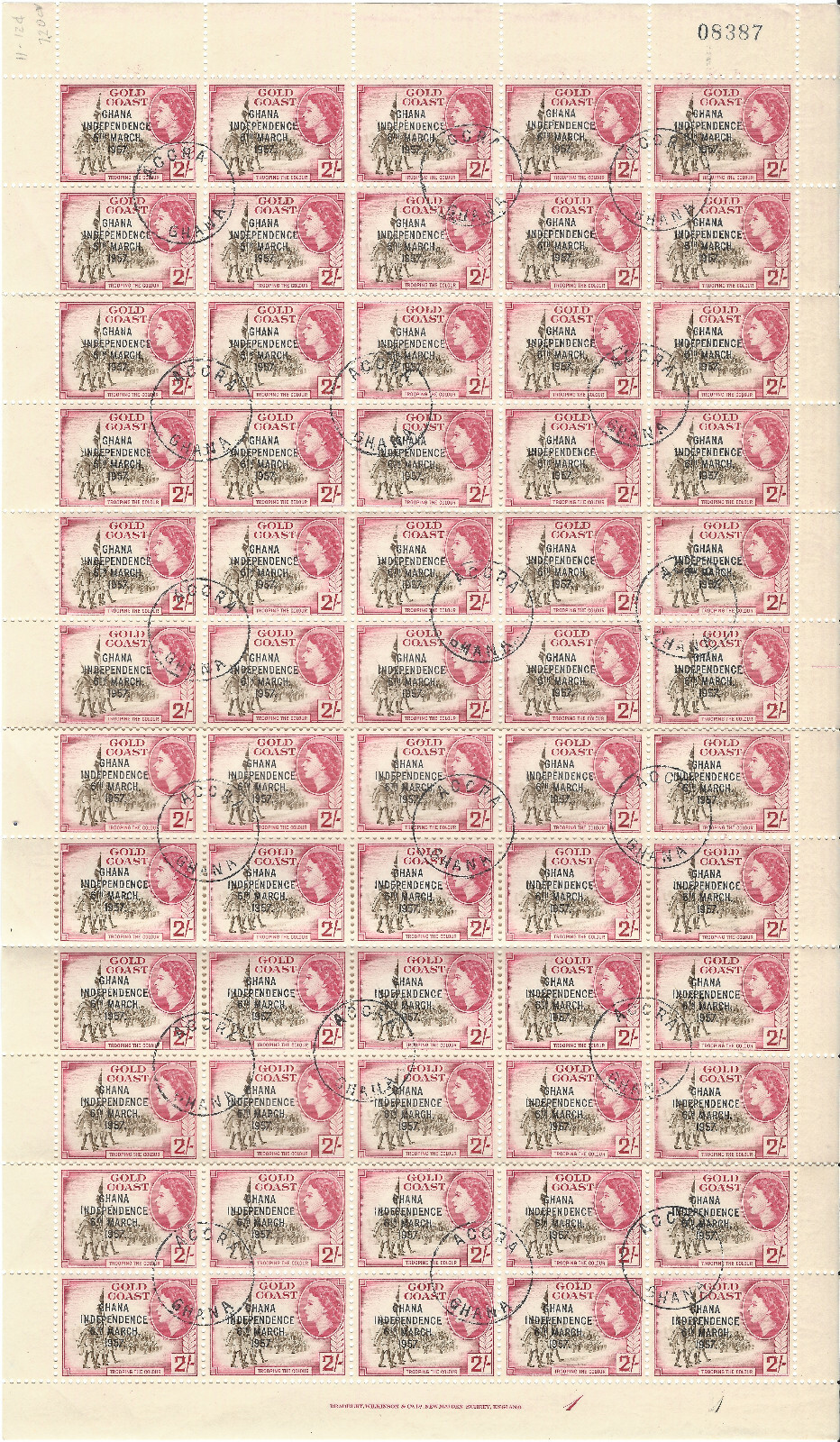 1957 GHANA STAMPS #11 SHEET GOLD COAST OVERPRINTS CTO CANCELS QUEEN ELIZABETH II