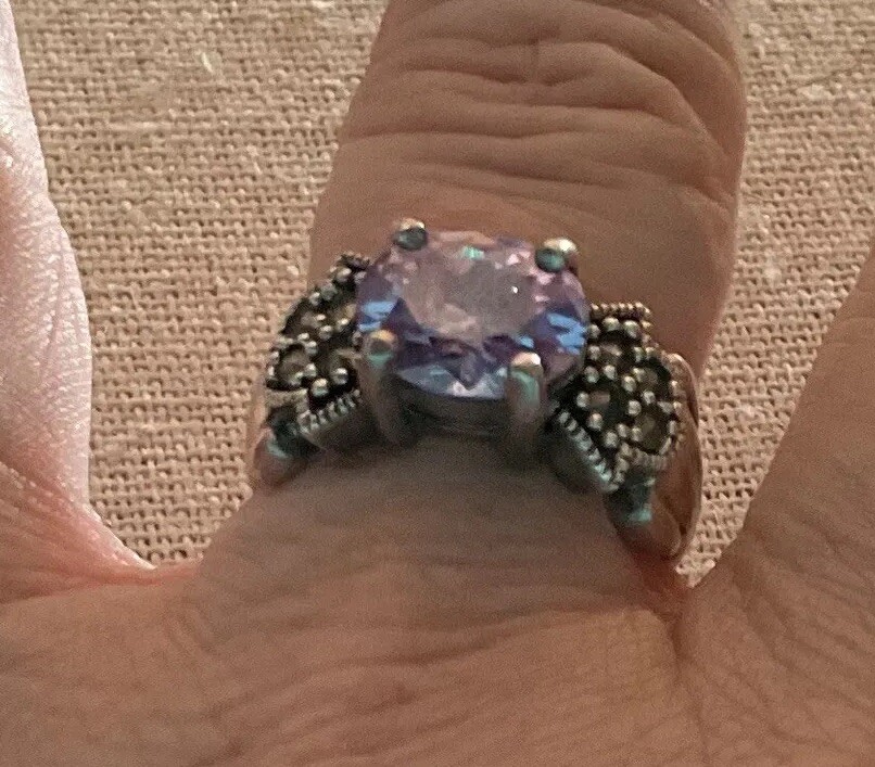 CW Signed Sterling Silver Amethyst  Marcasite Ring  Size 6.5 Prong Set Heavy