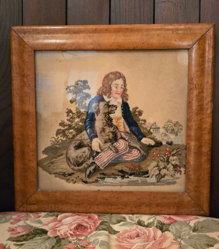 Antique Early 19th Century Fine Wool Tapestry A Boy And His Dog Birds Eye Maple