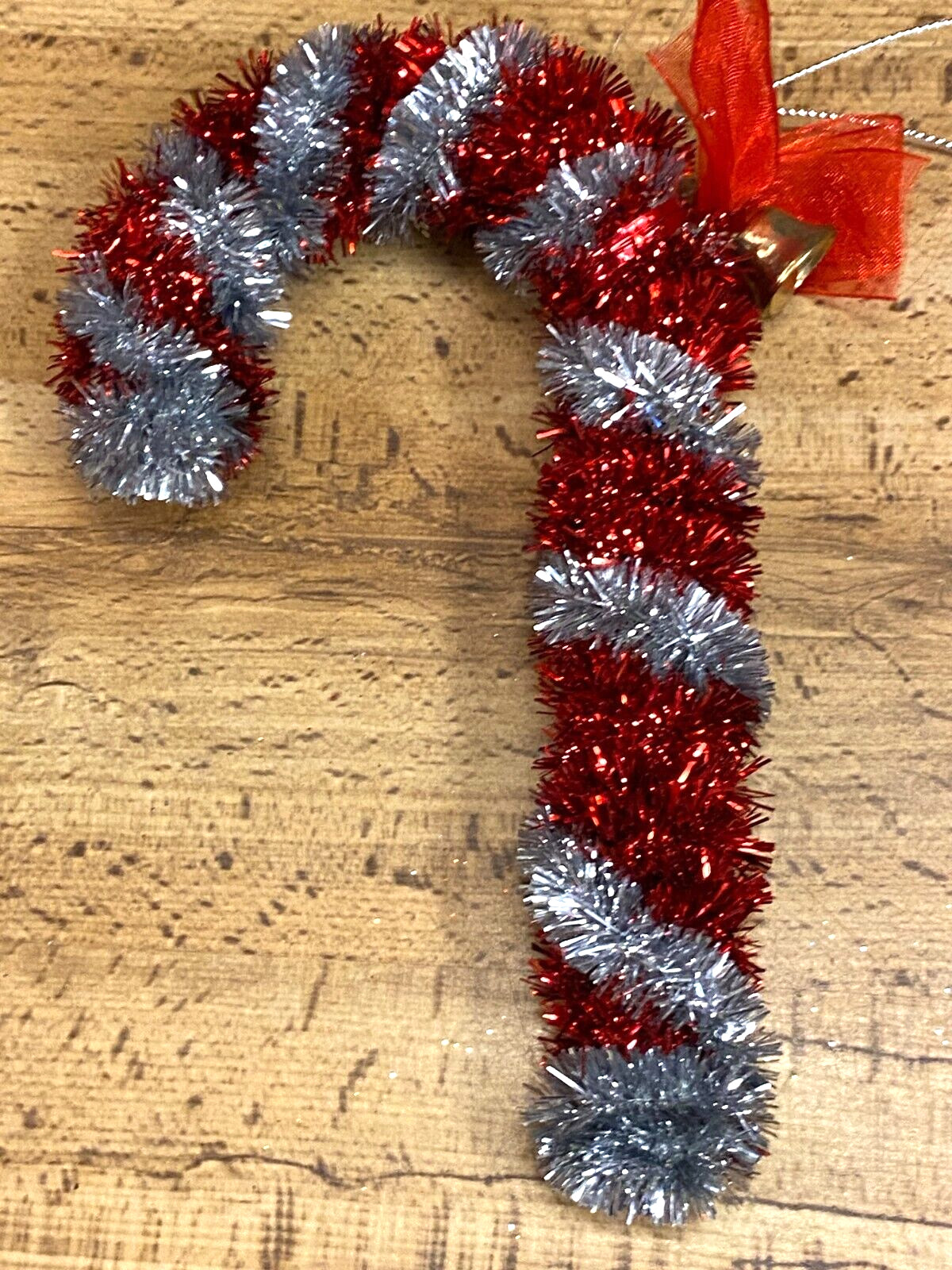 Plastic Christmas Candy Cane Silver & Red Tinsel Decorations 6"