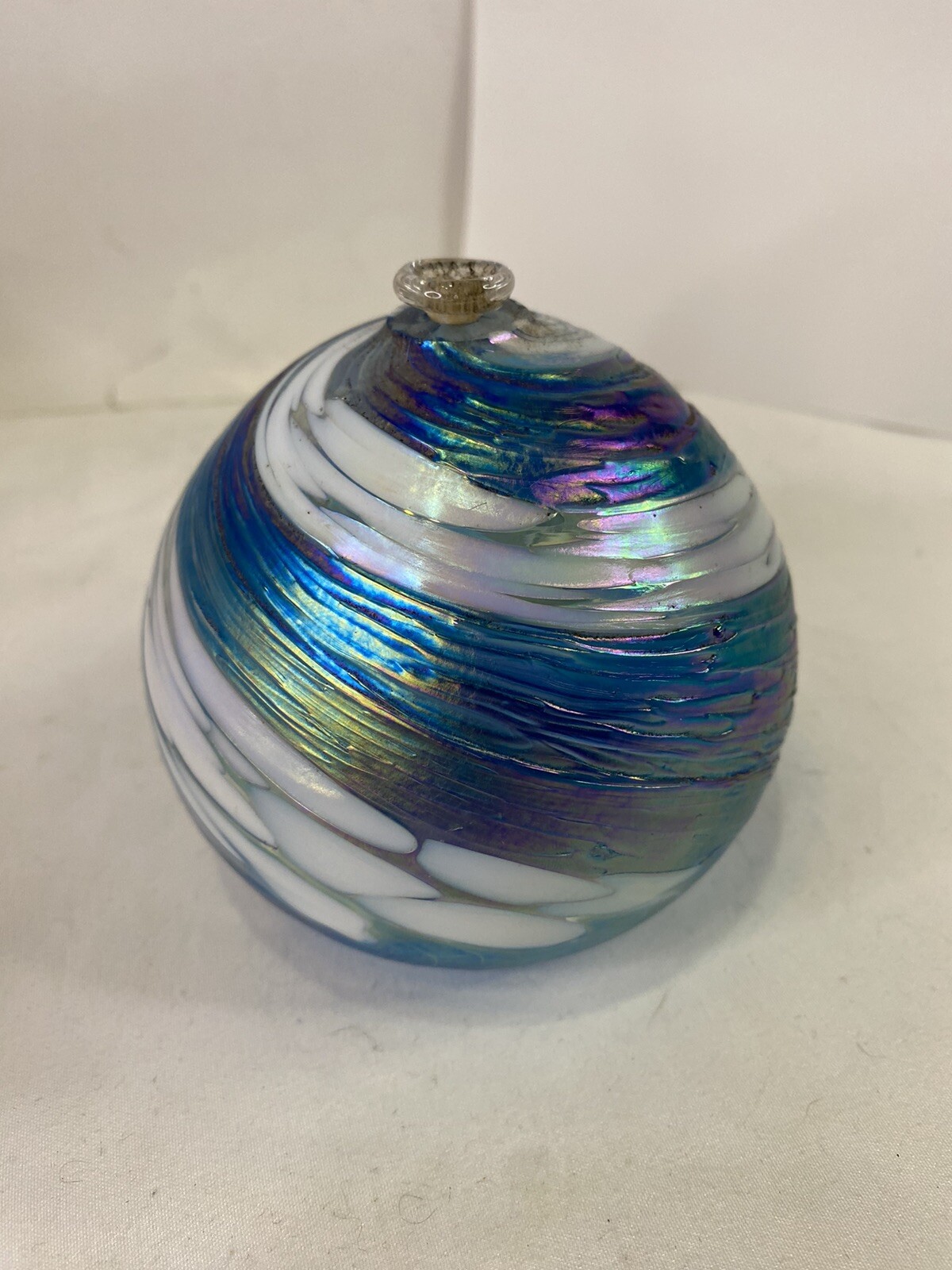 Hand Blown Art Glass Orb Oil Lamp With Wick Holder Blue White Iridescent Swirl