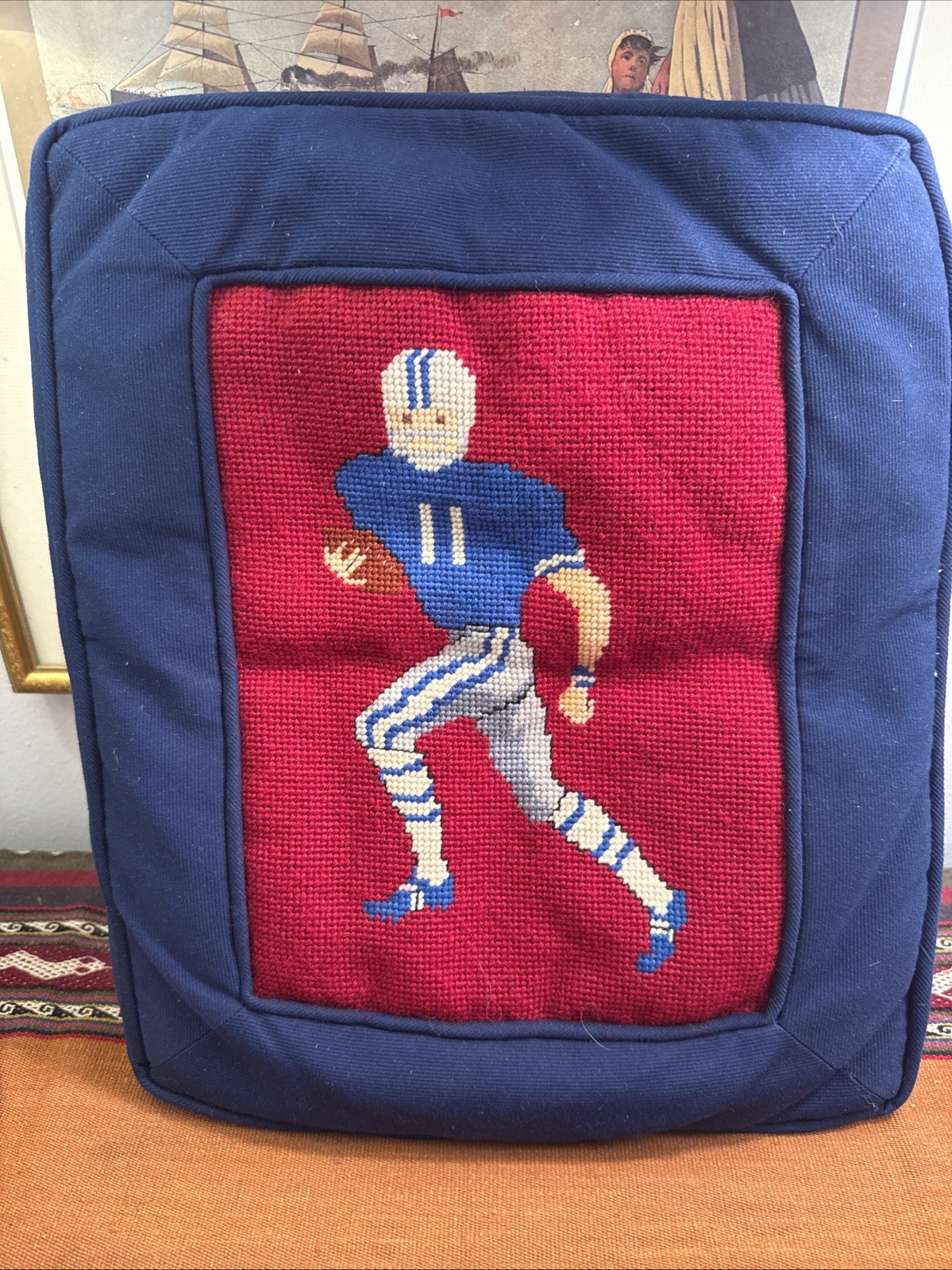 Handmade Needlepoint Cushion 14” By 16” By 2” Football Player No. 11