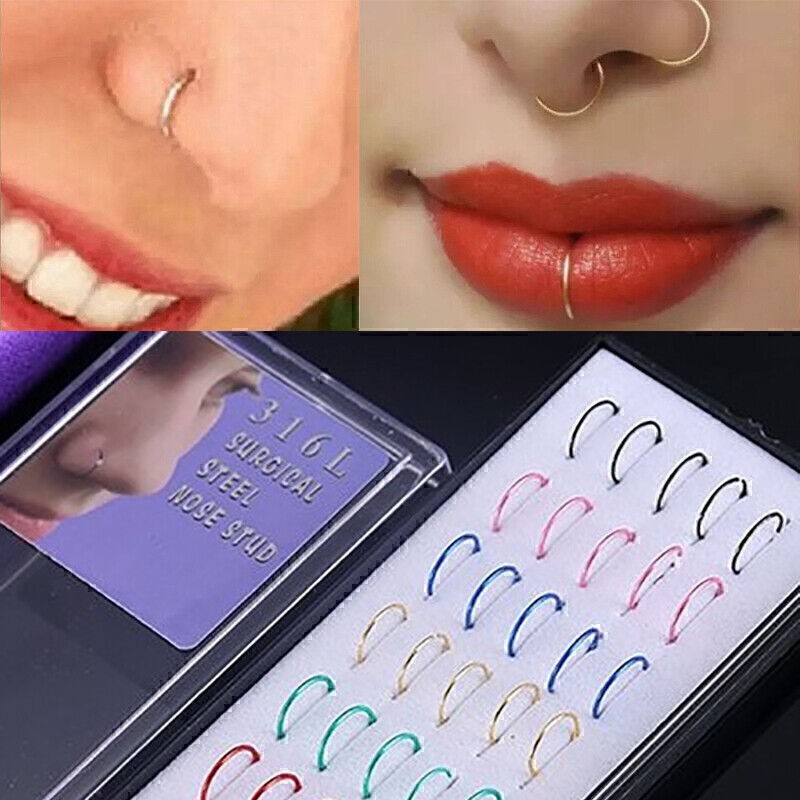 40PCS Women Nose Piercing Ring Steel Silver Surgical Hoop Cartilage Stud Jewelry