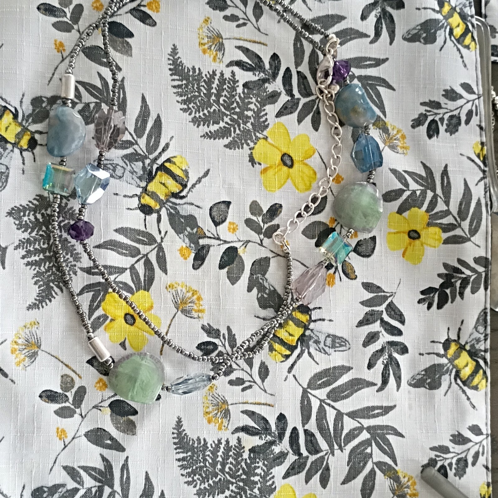 Handcrafted Multicolor Beaded Gemstone Statement Necklace Silver Tone Chain