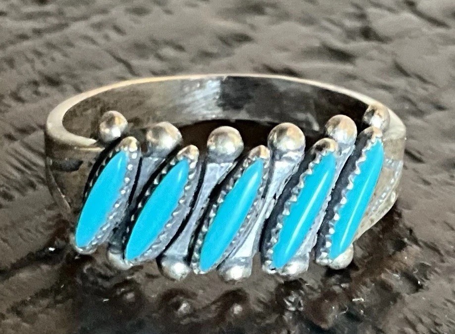 Rare Bell Trading Post Zuni 925 Sterling Petit Point Turquoise Ring 8.5