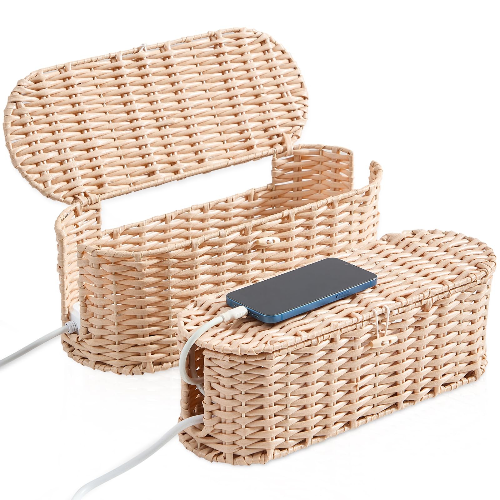 Cable Management Box 2Pack Cream, Handwoven Large and Small Cable Organizer B...