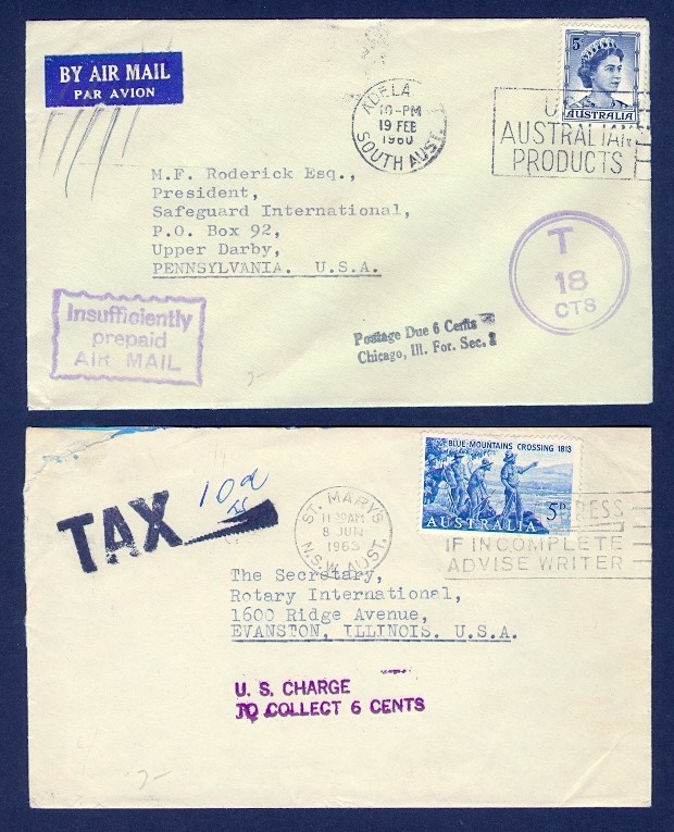 AUSTRALIA TWO 1960's SHORT PAID TO USA w/VARIOUS MARKINGS