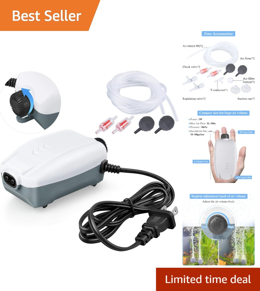 Whisper Adjustable Aquarium Air Pump for 20-100 Gallons – Perfect for Fish Care