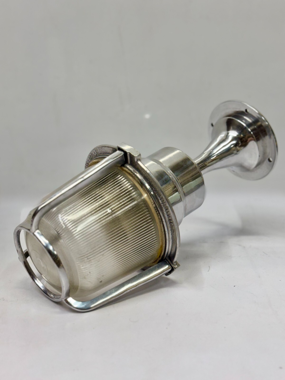 GDR Industrial EOW Aluminum Bulkhead Light Ribbed Glass Shade Vintage Fixture