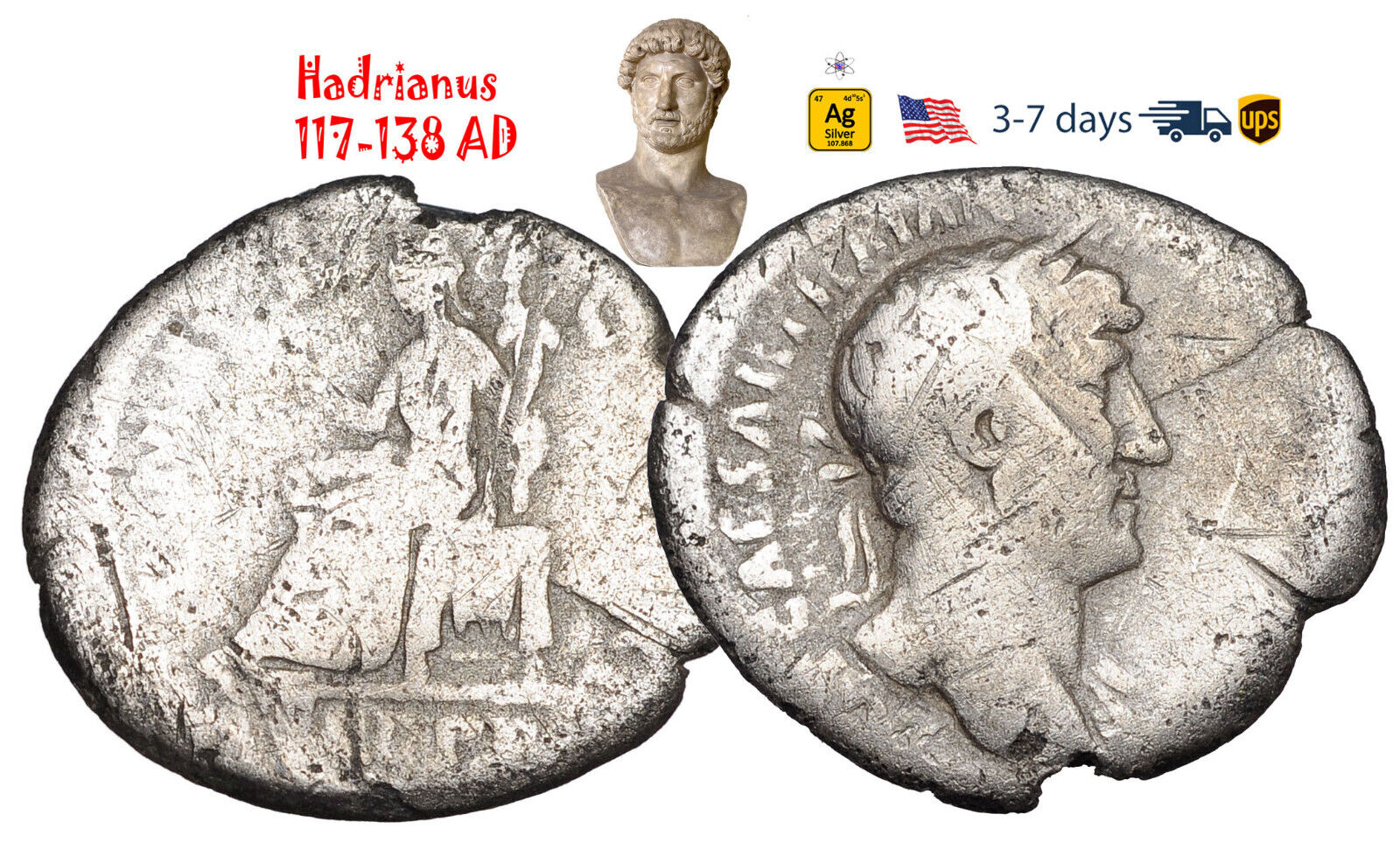 Ancient Roman Empire Coin Silver Denarius Hadrian 117 - 138 AD Authentic #32224