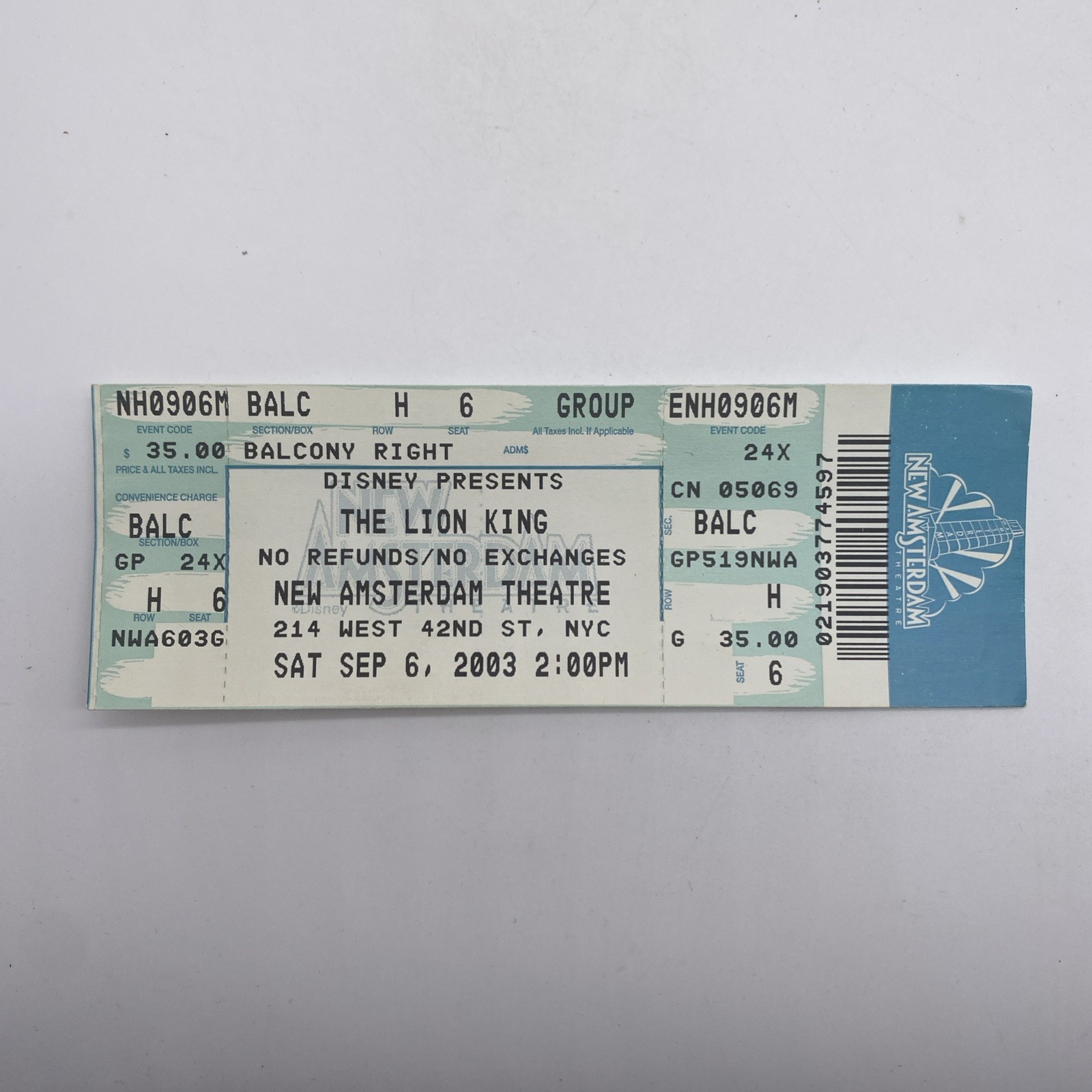 The Lion King Disney New Amsterdam Theater Ticket 2003
