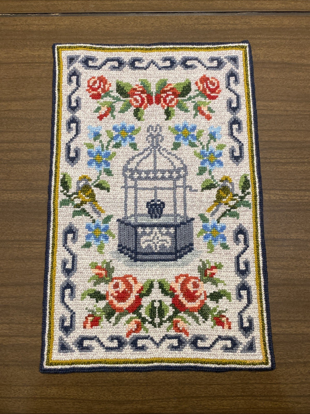 Vtg Swedish Nordic Birds & Well Traditional Tapestry Woven Needlework 12 x 18.5”