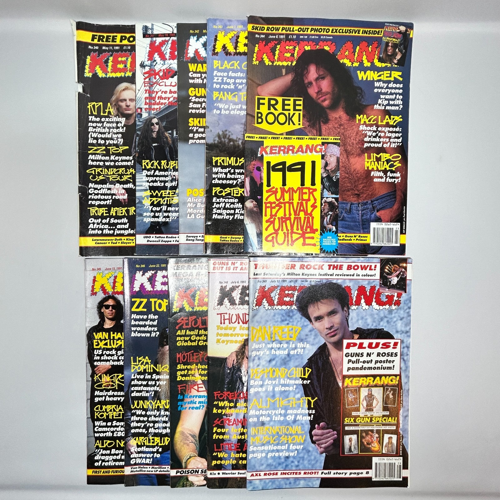 Vintage Kerrang! Magazine Bundle x 10 Issues 340 - 349 May - July 1991