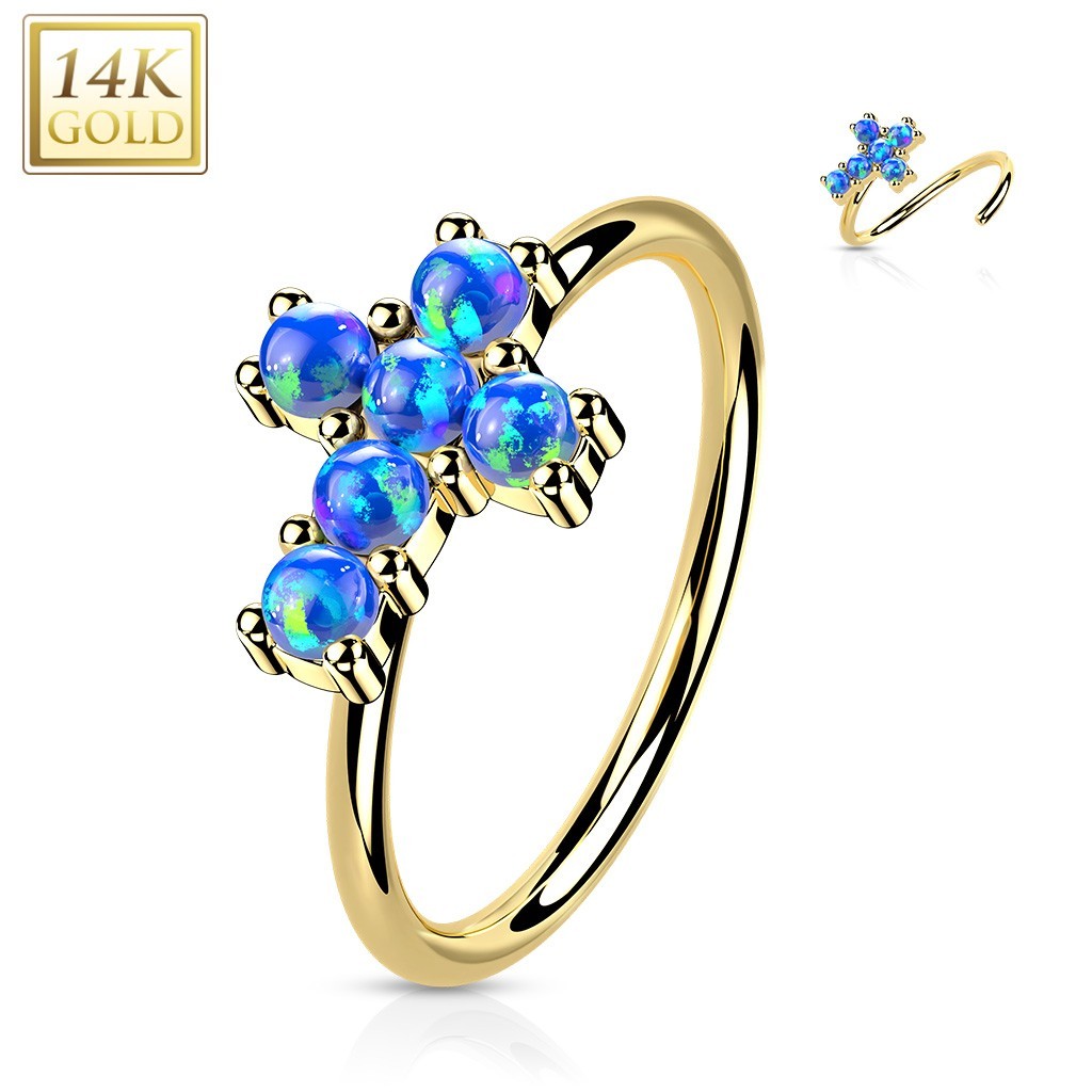 Piercing Nose Ring Yellow Gold 14K Cross Blue