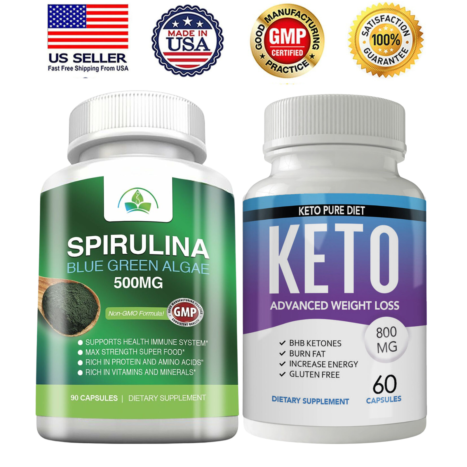Spirulina Capsules Immune Health Supplements Keto BHB Fat Burn Weight Loss Pills